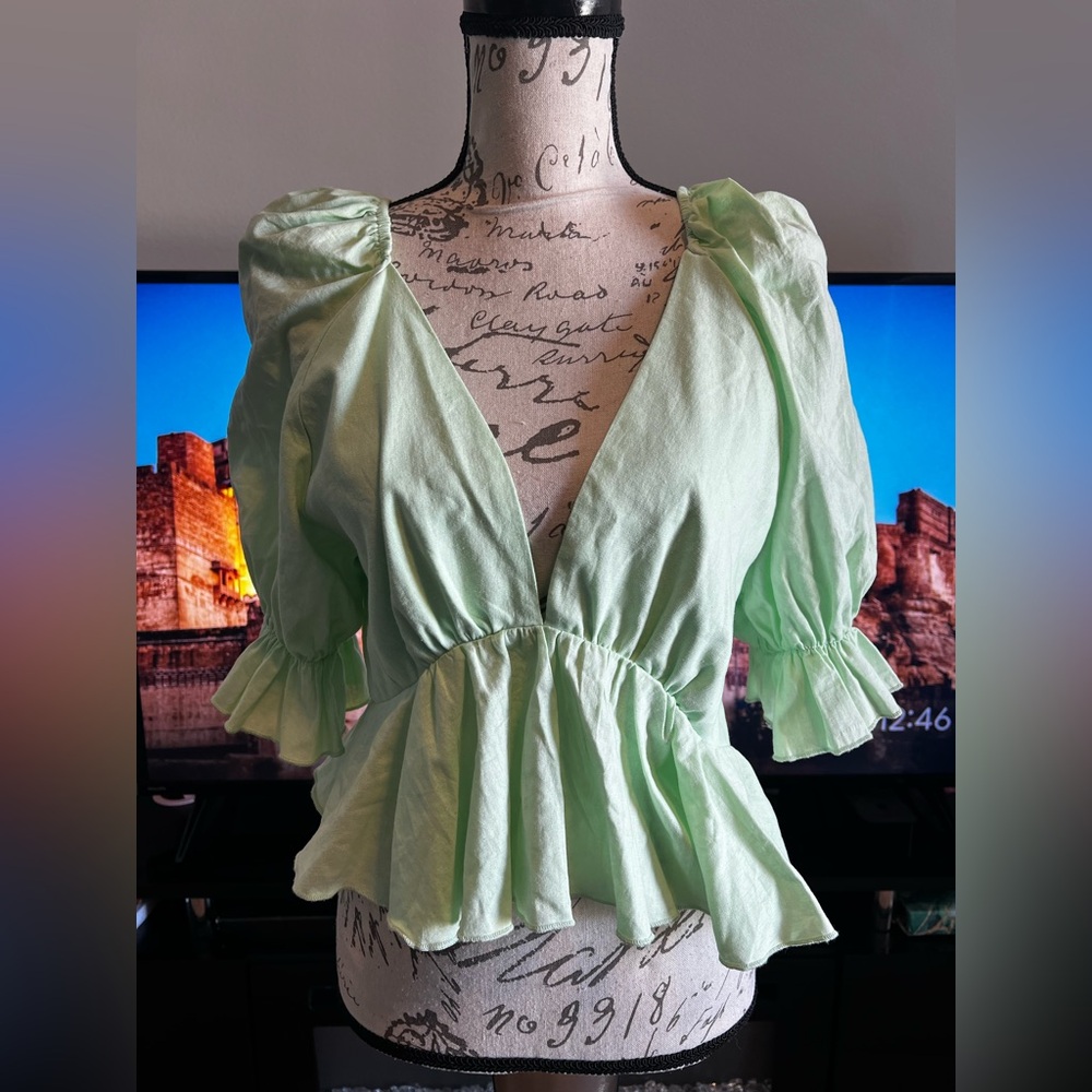 Cider Light Green Ruffled Blouse